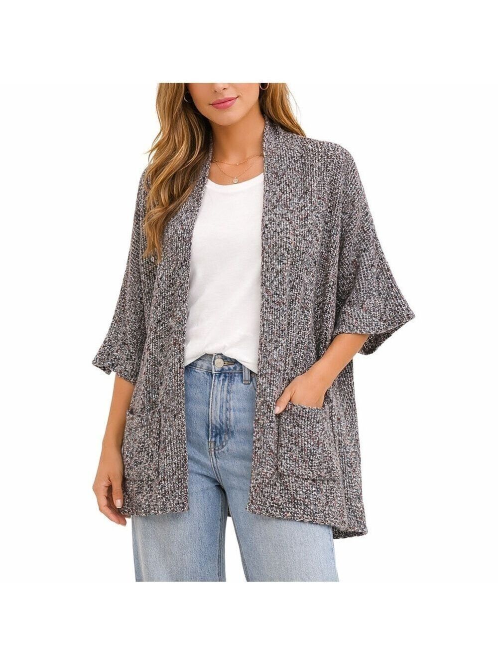 COLDWATER CREEK Linen Blend Multi Colour Open Front Cardigan Patch Pockets Sz 1X